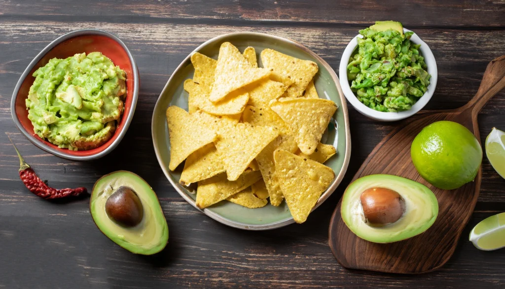Image d'un guacamole, d'avocats et de nachos pour iillustrer la recette d'un guacamole maison facile et délicieux avec cette recette étape par étape, idéale pour vos apéritifs.