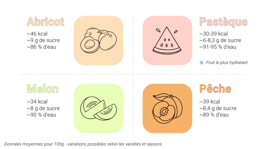 Infographie comparant la pastèque, le melon, l'abricot et la pêche sur leurs calories, leur teneur en sucre et en eau.