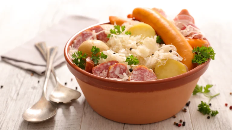 Plat de choucroute alsacienne avec choucroute fermentée, saucisses, lard et pommes de terre