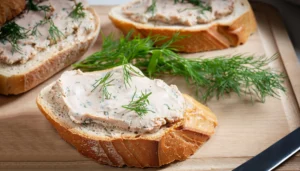 Rillettes de saumon fumé servies un morceau de pain grillé, garnies d’aneth frais