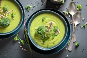 Bols de soupe chaude au brocolis, garnie de pignons de pin, de parmesan et d’un filet d’huile d’olive