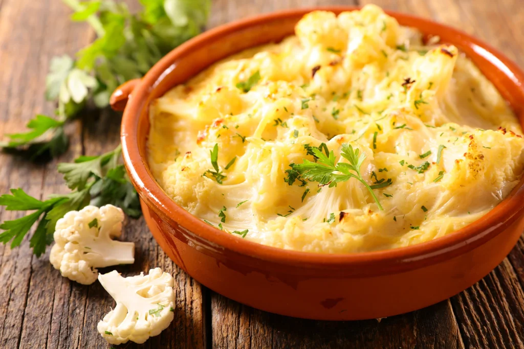 Un gratin doré au chou-fleur et pommes de terre dans un plat rustique