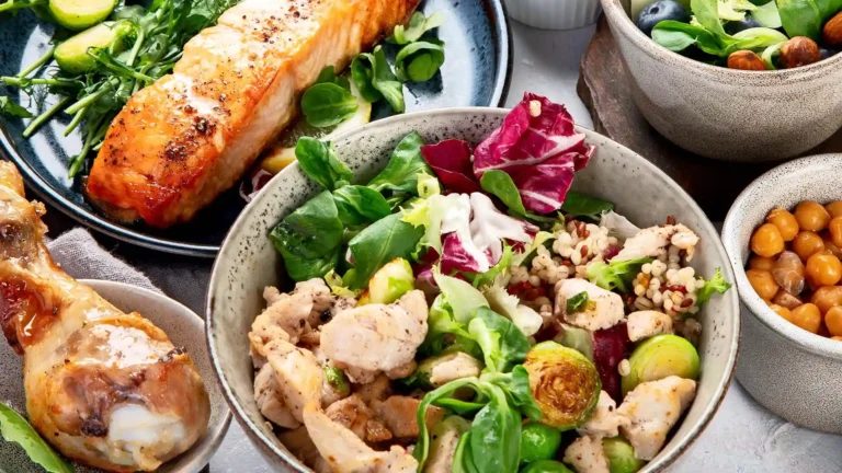 Assortiment de plats maison avec saumon grillé, poulet rôti, salade de légumes et pois chiches