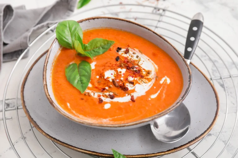 Bol de soupe de tomate maison avec crème, épices et feuilles de basilic