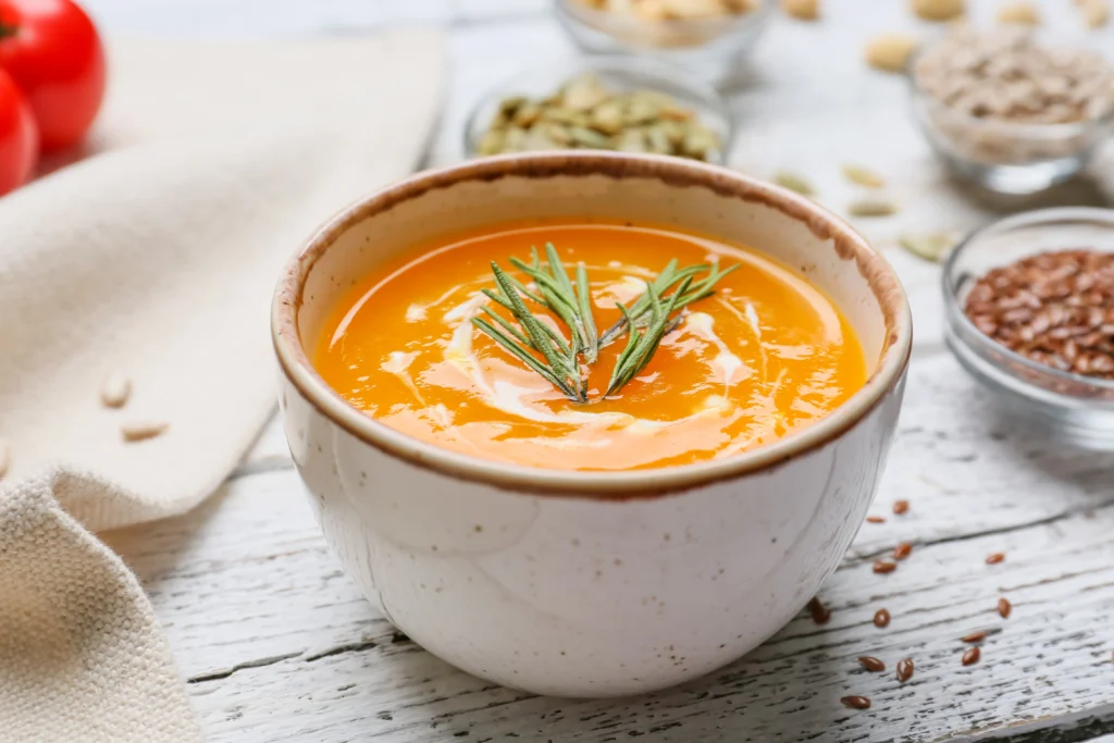 Bol de velouté de citrouille vegan, à la crème de soja décoré d'un brin de romarin