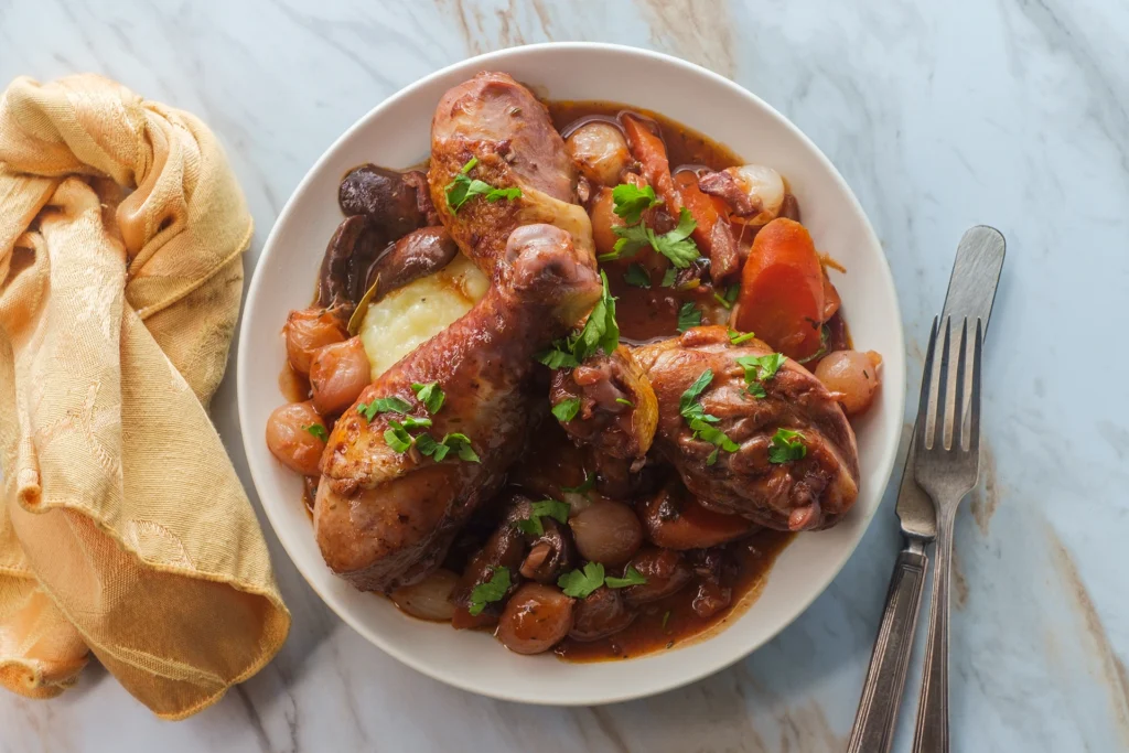 Plat de coq au vin à l’ancienne, recette rustique de grand-mère