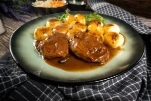 Assiette de joue de porc mijotée dans une sauce au vin rouge avec pommes de terre vapeur
