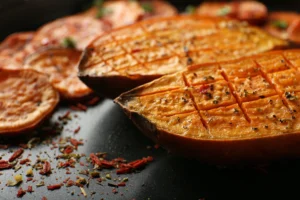 Moitiés de patates douces entaillées et rôties au four avec ail et herbes