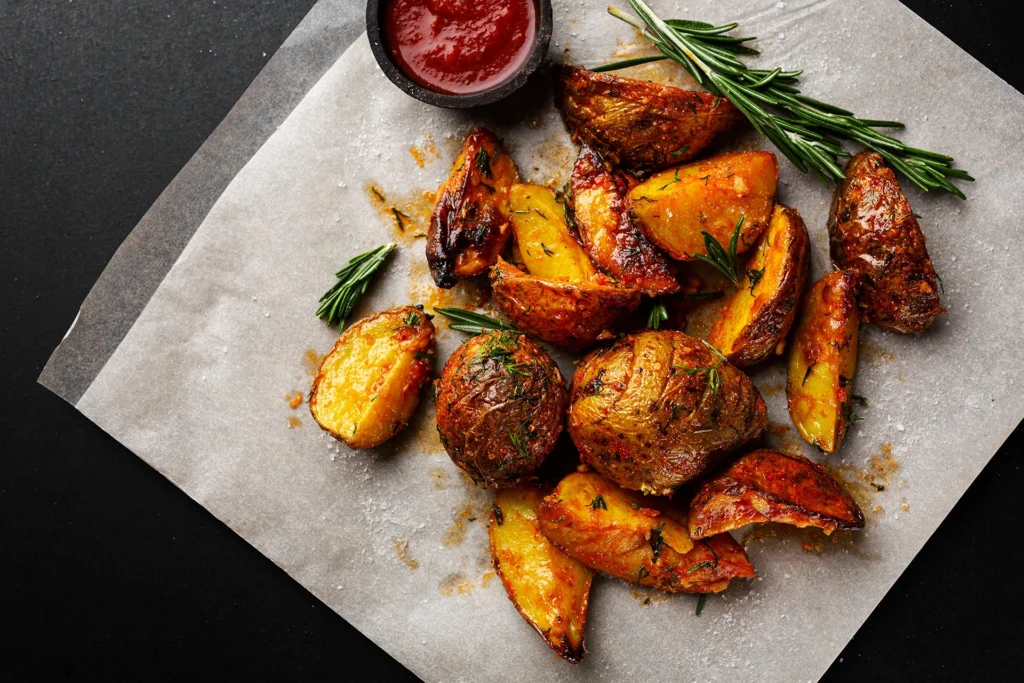 Potatoes maison dorées au four avec paprika et romarin sur une plaque de cuisson