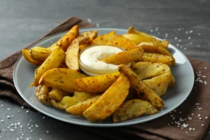 Bol de sauce blanche crémeuse au centre d’une assiette de potatoes maison dorées