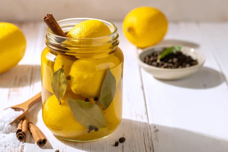 Citrons confits maison dans un bocal en verre, avec du sel, de la cannelle et des grains de poivre