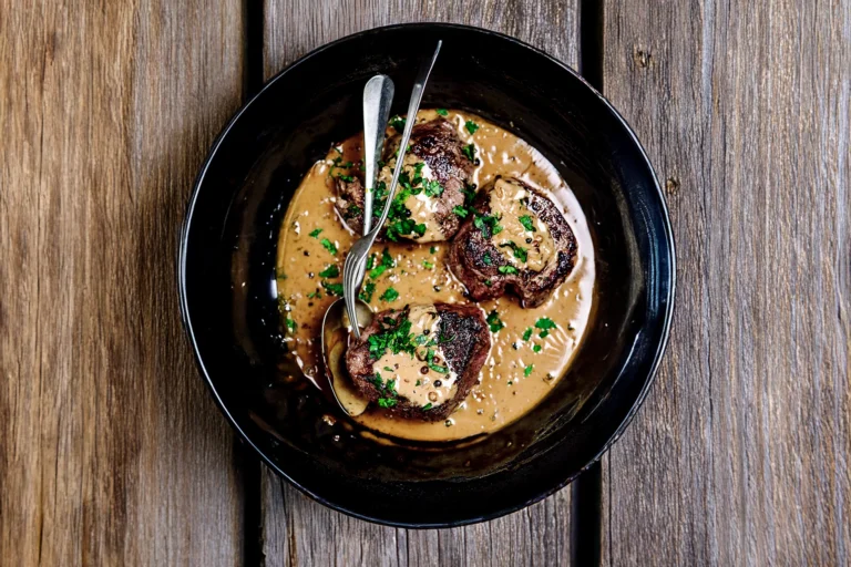 Une sauce au poivre maison onctueuse servie dans une assiette avec de la viande