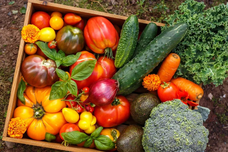 Tomates de différentes variétés dans un panier, entourées d’autres légumes – question fruit ou légume