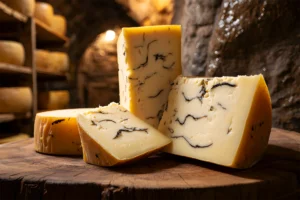 Assortiment de fromages italiens à la truffe noire, affinés et présentés dans une cave traditionnelle