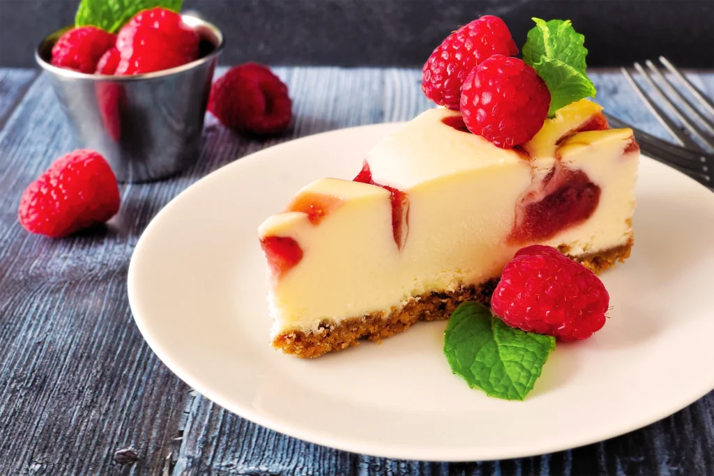 Part de cheesecake à la framboise décorée de framboises fraîches et de menthe