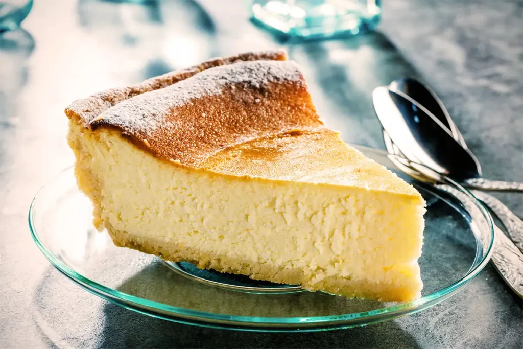Part de Käsekuchen au fromage blanc sur assiette en verre, saupoudrée de sucre glace