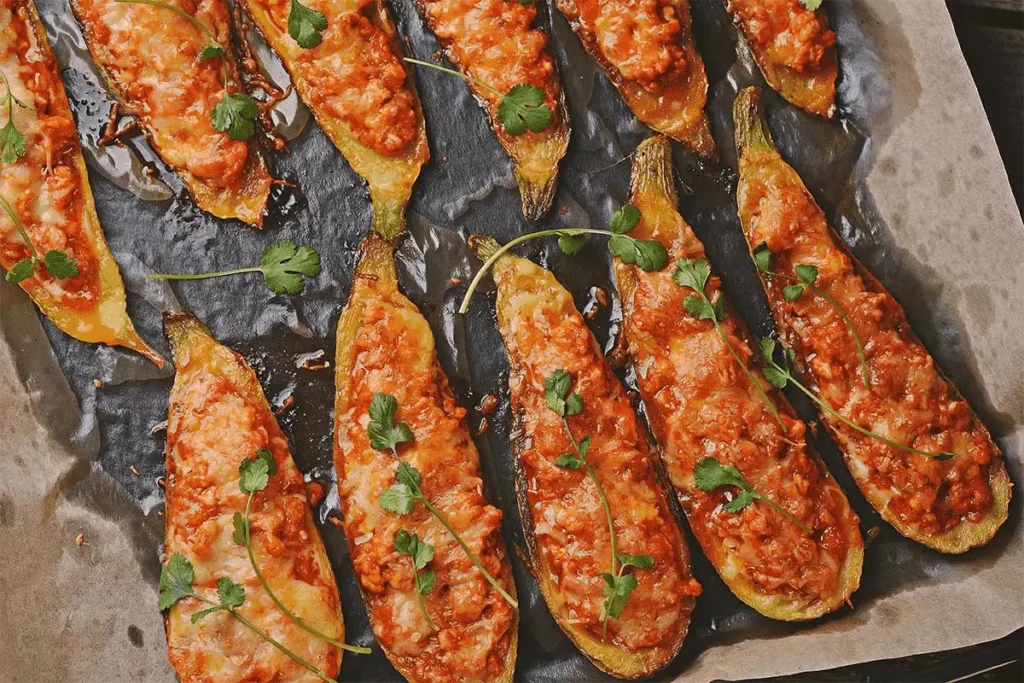 Courgettes farcies gratinées au four, garnies de viande hachée, sauce tomate et fromage fondant