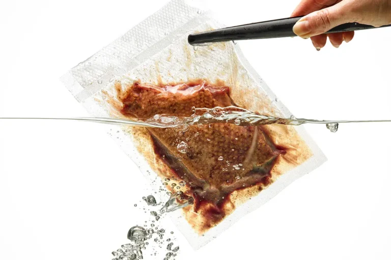 Viande emballée sous vide en train de cuire dans un bain-marie avec thermoplongeur, illustrant les principes de la cuisson sous vide à basse température