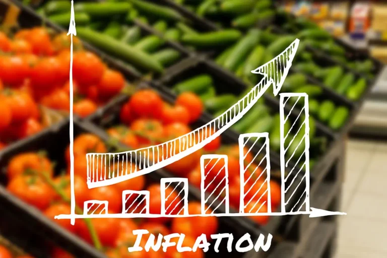 Légumes frais en supermarché avec un graphique illustrant l’inflation des prix alimentaires