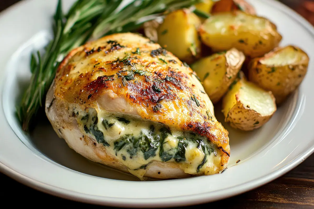 Blanc de poulet farci au Comté et épinards, servi avec des pommes de terre rôties sur une assiette blanche