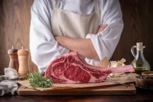 Côte de bœuf présentée devant un boucher, illustrant le savoir-faire artisanal de Maison Victor