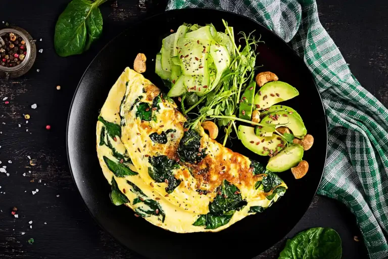 Omelette aux épinards frais avec avocat et concombre