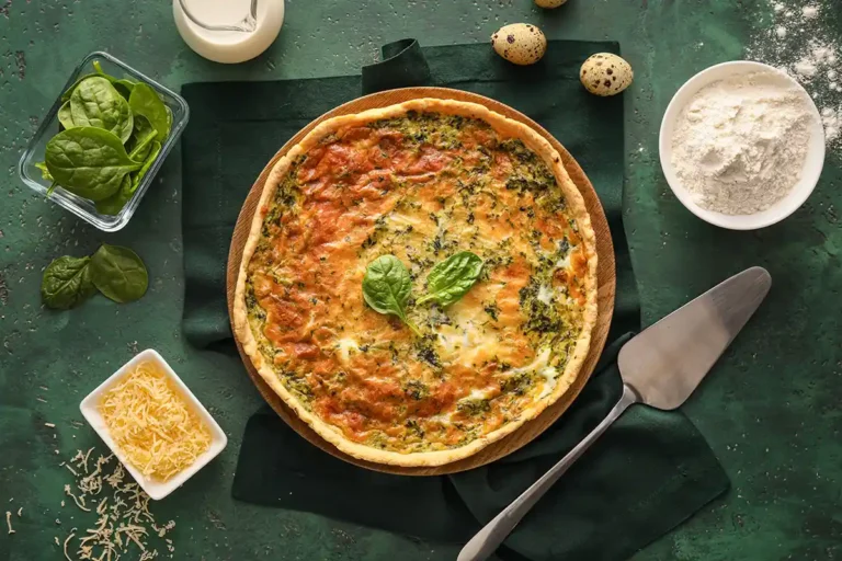 Quiche aux épinards et au fromage maison, crémeuse et gratinée avec du lait des oeufs et du fromage râpé