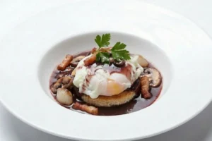 Œuf en meurette recette traditionnelle avec œuf poché, sauce au vin rouge, lardons, champignons et petits oignons.