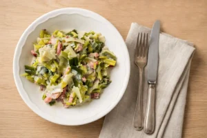 Recette de fondue de poireaux à la crème et aux lardons servie dans une assiette blanche.