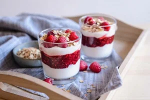 Verrine légère aux framboises, fromage blanc et flocons d’avoine