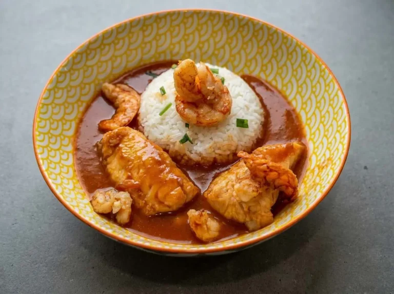 Lotte à l’armoricaine maison servie avec des crevettes et du riz, nappée de sauce armoricaine parfumée au cognac.