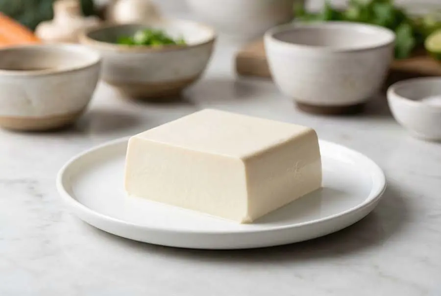 Bloc de tofu soyeux nature sur une assiette.