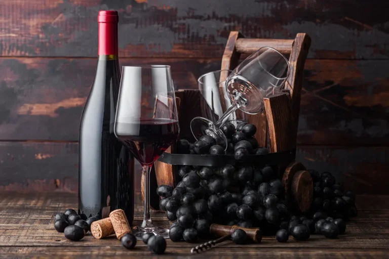 Bouteille de vin rouge, verre de dégustation et raisins noirs sur une table rustique pour illustrer la différence entre vin nouveau et achat en primeur.