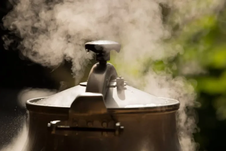 Gros plan sur la soupape d'un autocuiseur libérant de la vapeur, illustrant l'intérêt de la cocotte-minute pour une cuisson rapide sous pression.