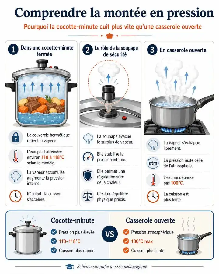 Infographie expliquant la montée en pression dans une cocotte-minute et pourquoi elle cuit plus vite qu’une casserole ouverte.
