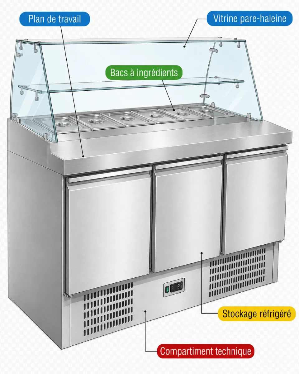 Schéma descriptif d'une saladette réfrigérée professionnelle à 3 portes avec vitrine pare-haleine et bacs à ingrédients.