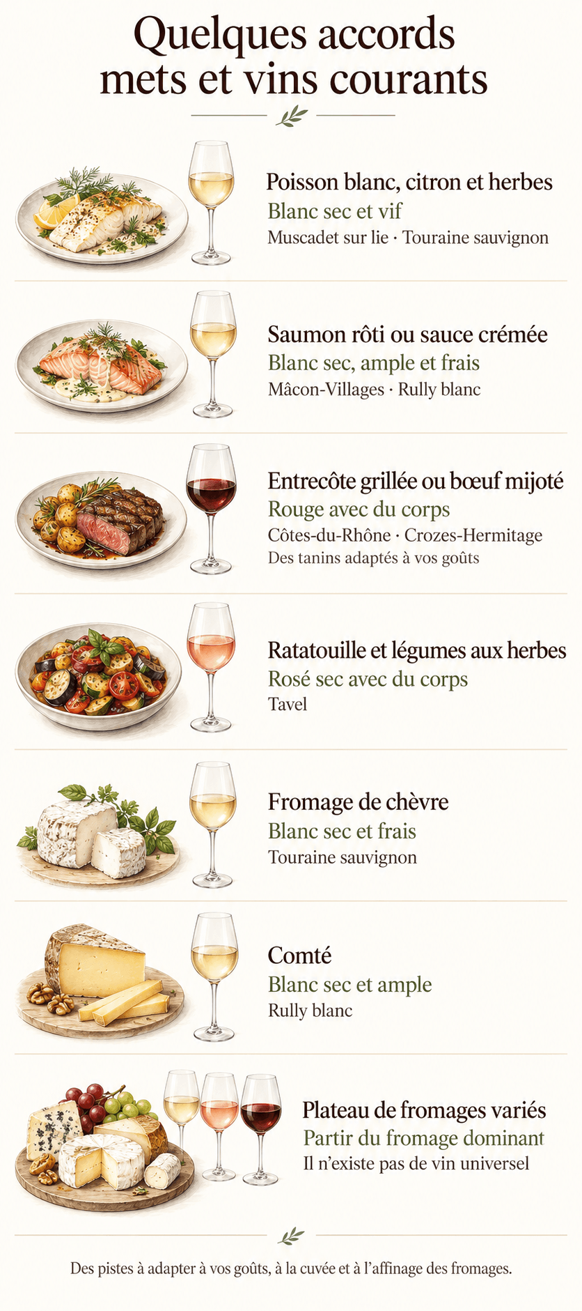 Quelques accords mets et vins courants : poissons, viande grillée, ratatouille et fromages, avec des exemples de vins adaptés.