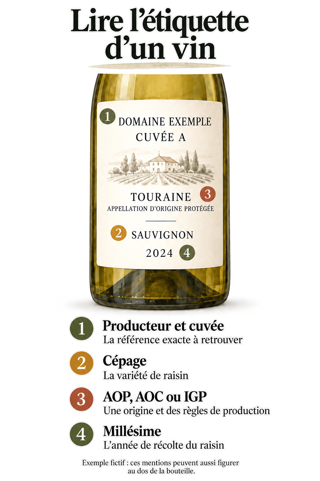 Exemple d’étiquette de vin : repères du producteur, de la cuvée, de l’appellation, du cépage et du millésime.