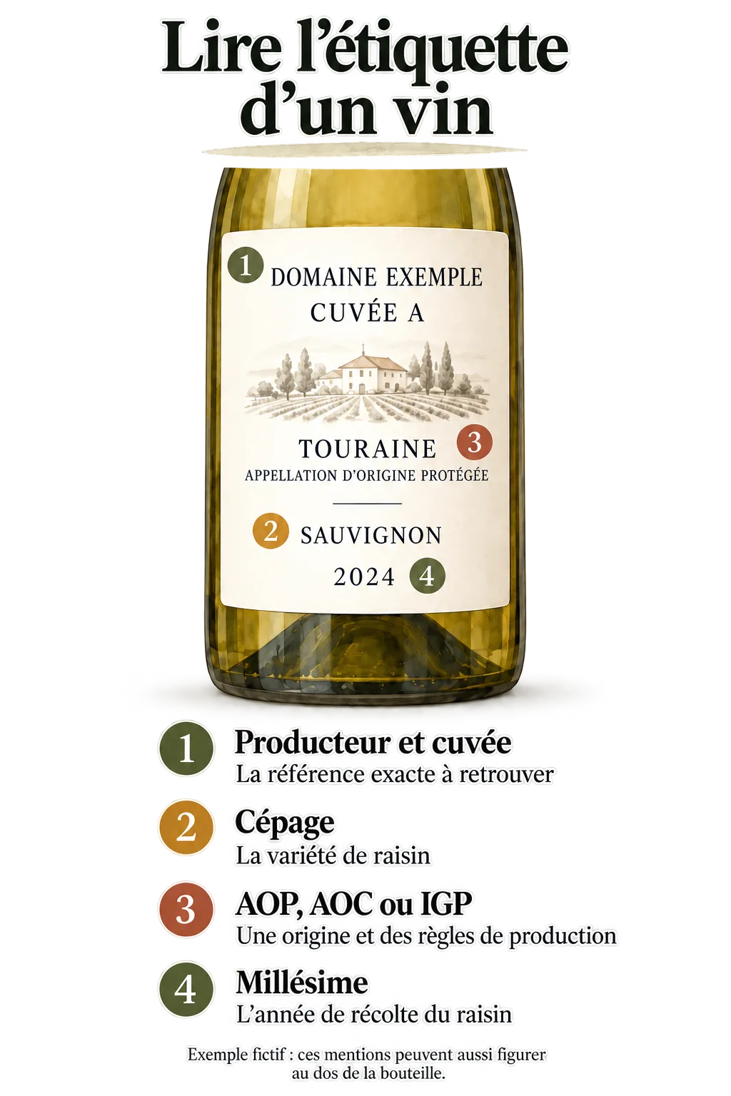 Exemple d’étiquette de vin : repères du producteur, de la cuvée, de l’appellation, du cépage et du millésime.